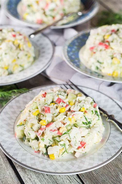 We have served it to friends and relatives, and the • the recipe below uses 1/2 cup of mayo with 1 pound of shredded imitation crab salad. Imitation Crab Salad Recipe (Russian-Style) - w/ Rice & Corn