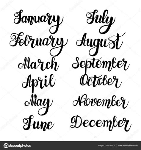 Set Handwritten Lettering Names Of Months Isolated On White — Stock