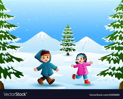 Cartoon depressed man holding a snow shovel. Cartoon kids playing in the snow Royalty Free Vector Image