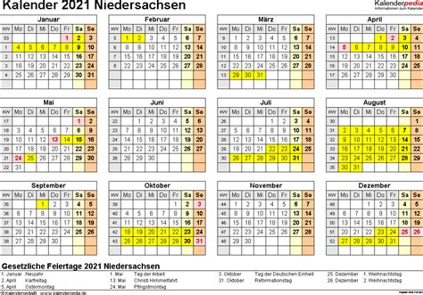 Der urlaubsplaner 2021 mit feiertagen, ferien, brückentagen und lange. Kalender 2021 Niedersachsen: Ferien, Feiertage, Excel-Vorlagen