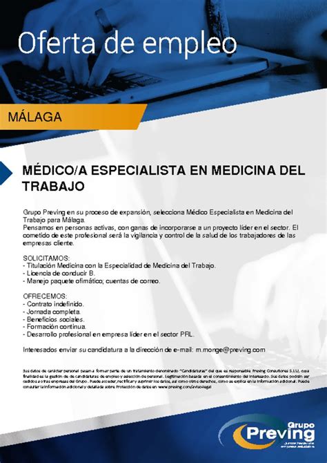 Oferta De Empleo Médico Especialista En Medicina Del Trabajo Málaga Sesst