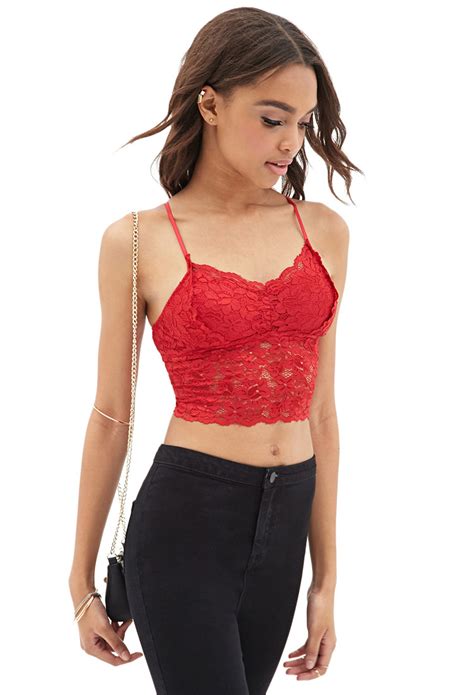 Lyst Forever 21 Floral Lace Crop Top In Red