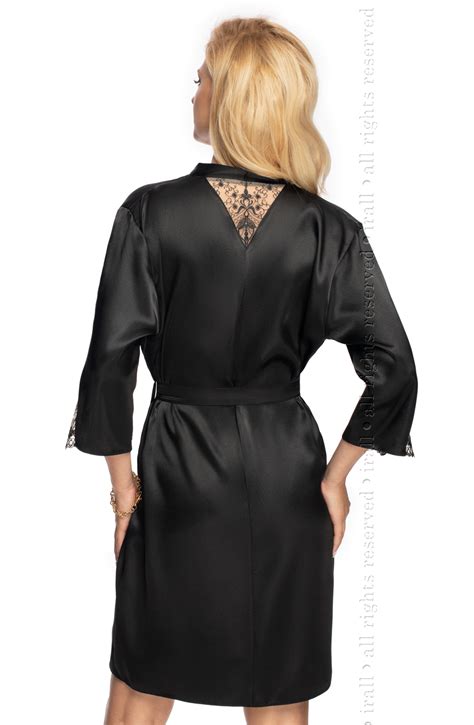 Irall Mallory Black Satin Tattoo Effect Embroidered Dressing Gown