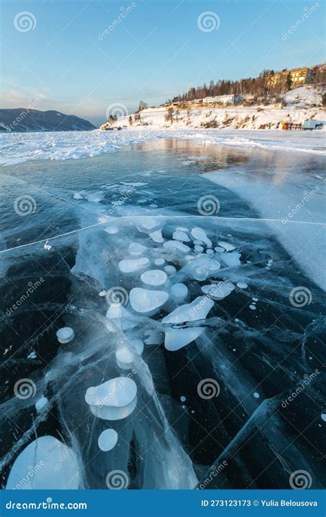 Gas Methane Bubbles Frozen In Blue Ice Of Lake Baikal Stock Image
