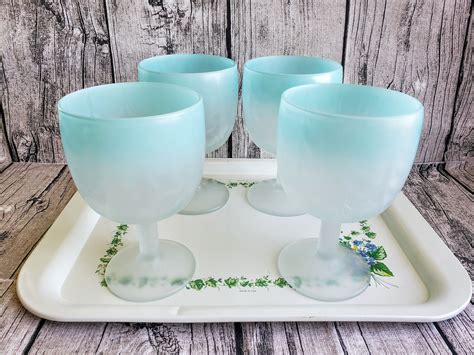 4 Vintage Frosted Glass Goblets Turquoise Aqua Blue Mixed Etsy Glass Goblets Glass Frosted