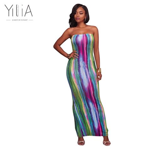 Yilia Long Dress Women Casual Summer Color Striped Print Strapless