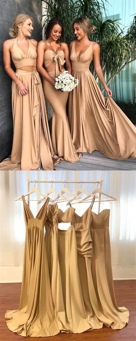 Modest Mismatch Champagne Bridesmaid Dresses Simple Formal Wedding Party Gowns Si Satin
