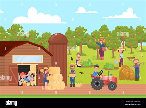 Cartoon Farmers Work On Farm Farmer On Ground Natural Market Of Fresh