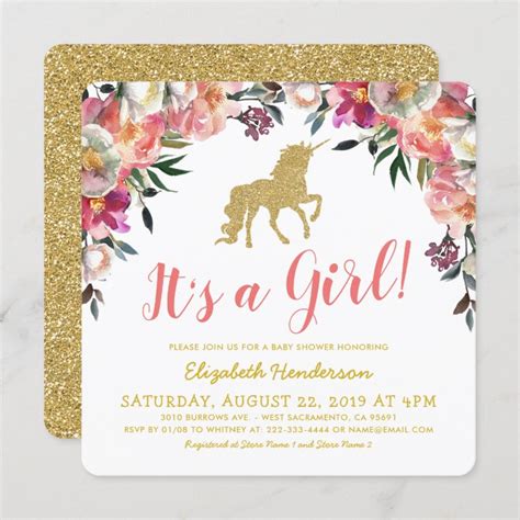 Girl Pink Gold Glitter Unicorn Baby Shower Invitation Zazzle