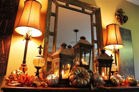 Use the outdoors for inspiration for colors. Dining Room Fall Mantle Vignette