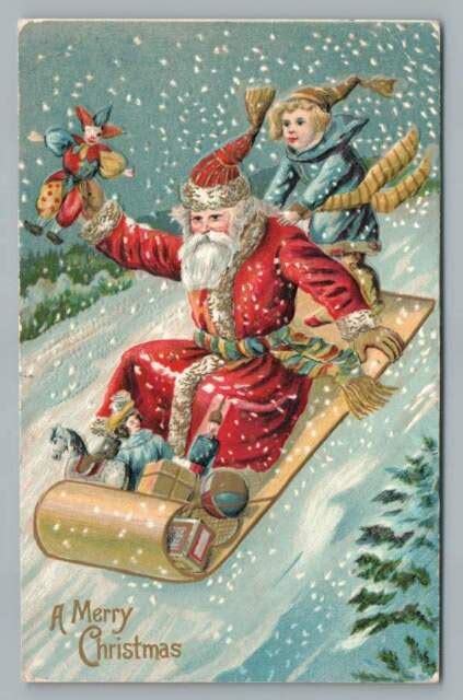 Santa Claus On Snow Sled~antique Embossed Christmas Postcard Sleigh