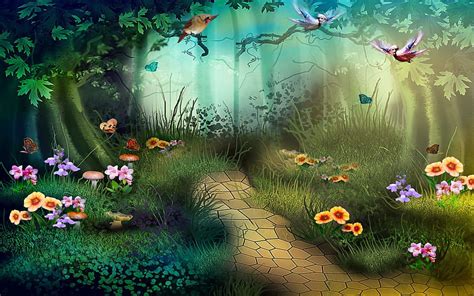 Enchanted Forest Elves Painting Butterfly Path Trees Flowers