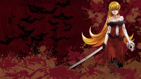 hình nền hình minh họa vàng tóc dài dòng monogatari anime cô gái oshino shinobu thần