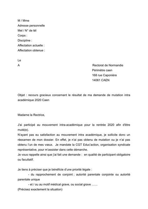 Mod Le Lettre Recours Second Degr Pour Les Mutations Intra Acad Miques Cgt Duc Action