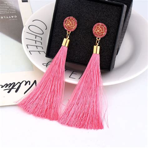 trendy bohemian crystal tassel earrings black white blue red pink silk fabric long drop dangle