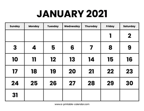 January 2021 Calendar Printable A Printable Calendar