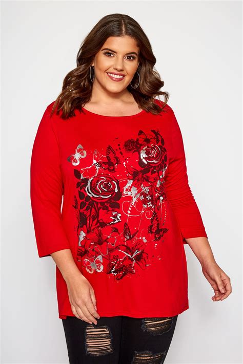 Red Floral Print Foil Top Yours Clothing