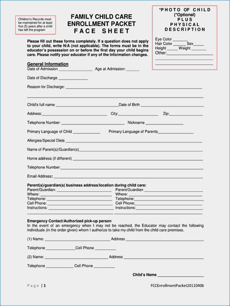 Free Printable Childcare Enrollment Form Zitemplate