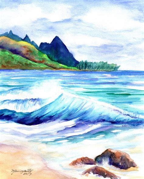 Kauai Tunnels Beach Kauai Art Print Watercolor Prints Etsy Sunset