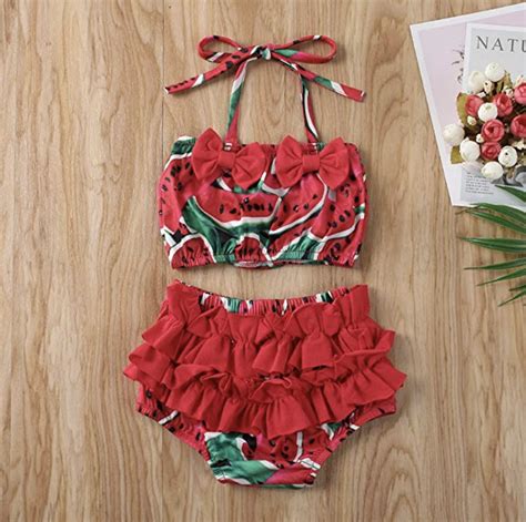 2pcs Baby Girls Tankinis Fruits Print Swimwear Toddler Halter Bikini