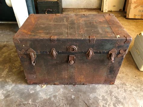 Lot 77 Antique Trunk With Metal Hinges And Locks Damaged Leather