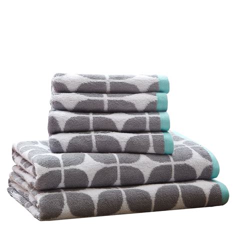Grey White And Aqua Geometric Cotton Jacquard Bath Towel Set Lita Grey