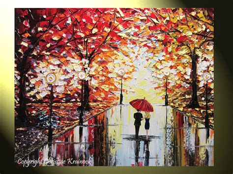 Sold Original Art Abstract Painting Couple Red Umbrella Trees Rain Mod