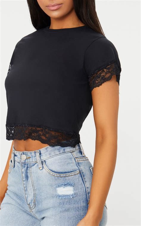 Black Lace Trim Crop T Shirt Tops Prettylittlething