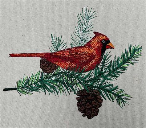 Premium Embroidery Design Cardinal On Fir Branch 3 Sizes