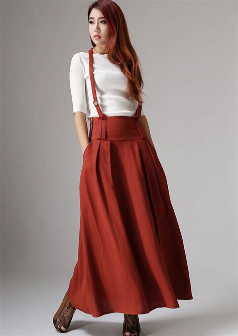 Suspender Skirt Linen Maxi Skirt With Pockets Red Women Etsy