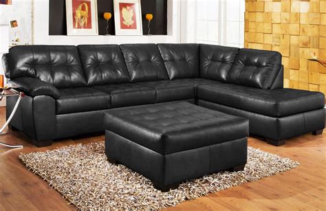 Luxurious Black Leather Sectional Sofa With Single Chaise Black Leather Ottoman Furniture Wool Area Rug Wooden Floors Idea  