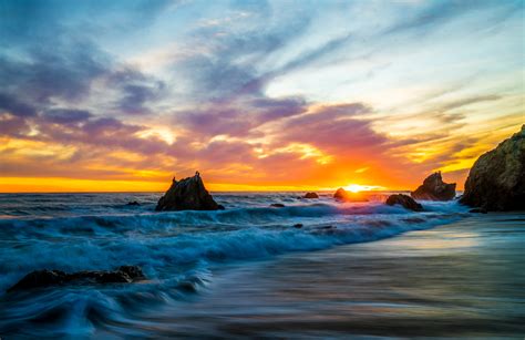 Usa Coast Sunrises And Sunsets Waves Sky Crag Malibu Nature