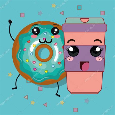 Donut En Koffie Kawaii Cartoon Vectorafbeelding Door © Yupiramos ⬇