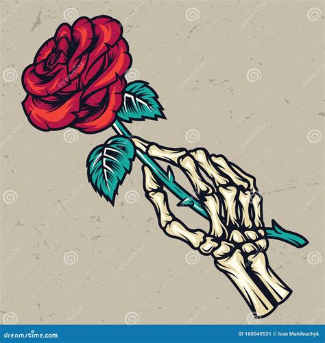 Colorful Skeleton Hand Holding Beautiful Rose Cartoon Vector