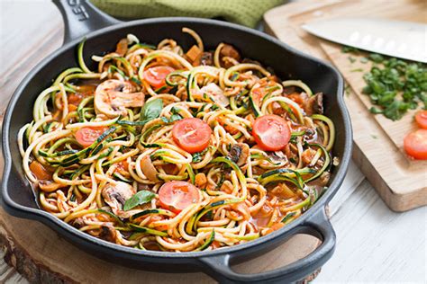 This gluten free zucchini noodle carbonara recipe brings in. Zucchini Noodles With Tomato Vegetable Sauce - The Healthy ...