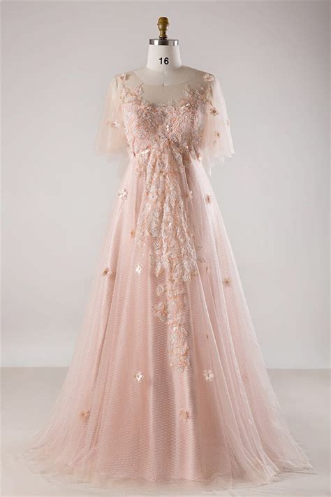 A Line Tulle Sleeve Blush Pink Lace Flower Bohemian Plus Size Wedding Dress