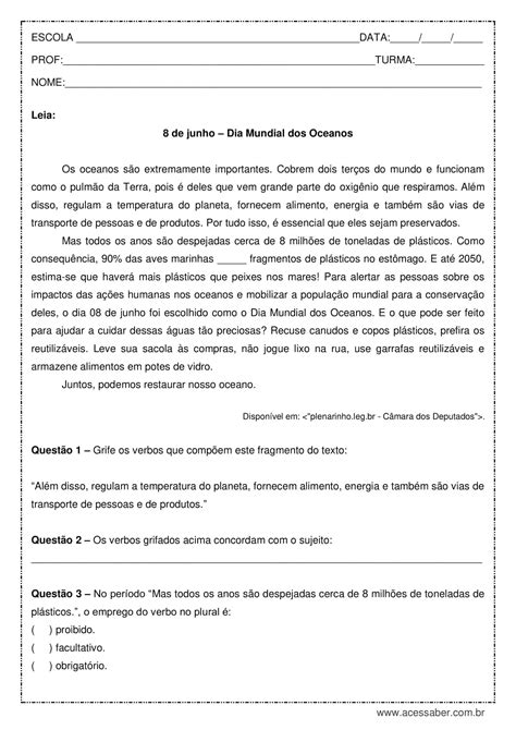 Atividades De Portugues 7 Ano Interpretação De Texto Com Gabarito