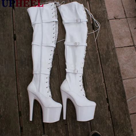 Upheel Extreme High Heel Cm Stiletto Heel Cm Platform White Patent Buckles Lace Up Over The