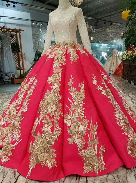Red Ball Gown Satin Long Sleeve Appliques Beading Sequins Wedding Dress