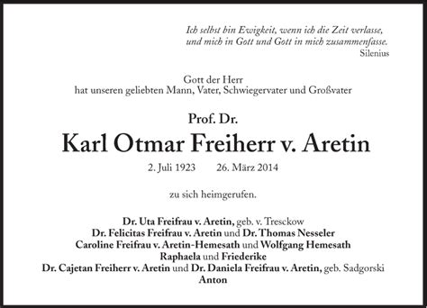 Traueranzeigen Von Karl Otmar Freiherr V Aretin Sz Gedenkende