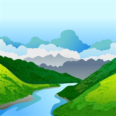 Vector Summer Or Spring Landscape Panorama Of Green Mountains And