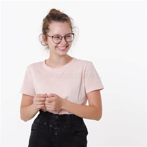 Happy Beautiful Cute Teen Girl In Glasses And T Shirt With Smile On Face On White Background
