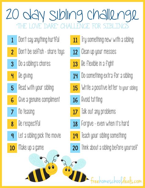 Free Printable 20 Day Sibling Challenge Kids Behavior Kids Parenting