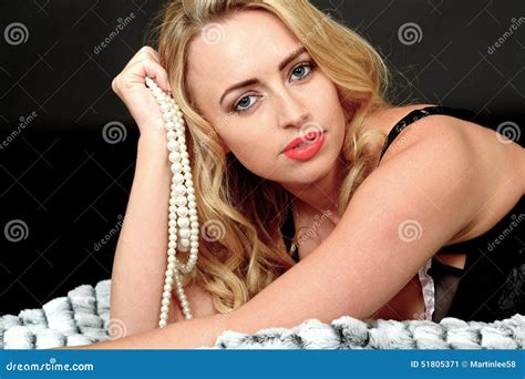 Attractive Woman In Lingerie Holding A Pearl Necklace Stock Image Image Of Erotic Cute 51805371