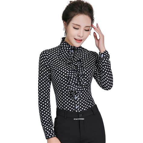 polka dot shirt black and white ruffles blouse casual style new fashion full sleeve top women