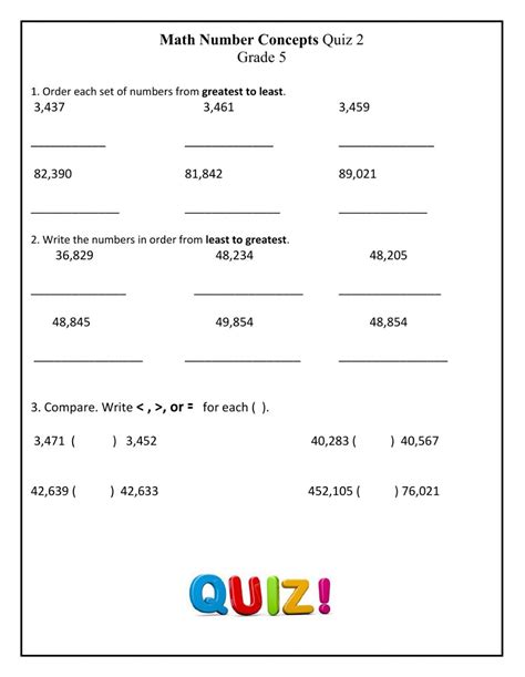 Number Concepts Quiz 2 Grade 5 Worksheet