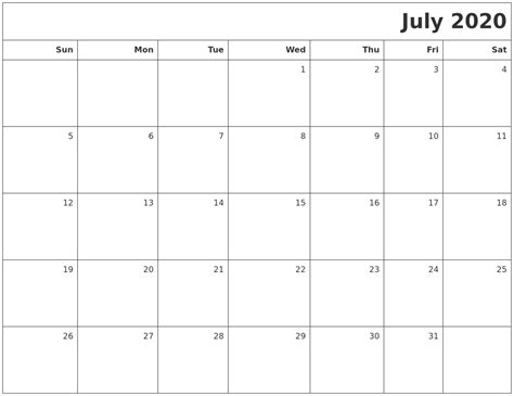 July 2020 Printable Blank Calendar