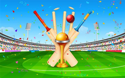 Stadium Of Cricket With Bat Ball And Trophy Stock Illustration