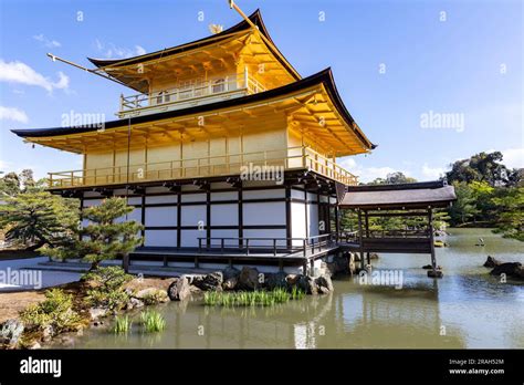 Golden Pavilion In Kyoto World Heritage Buddhist Temple In Gold Leaf