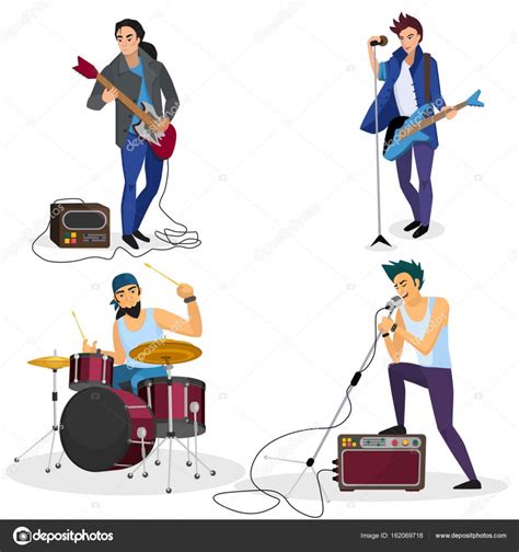 Rock Band Members Isolated Musical Group Singer Drummer Guitar